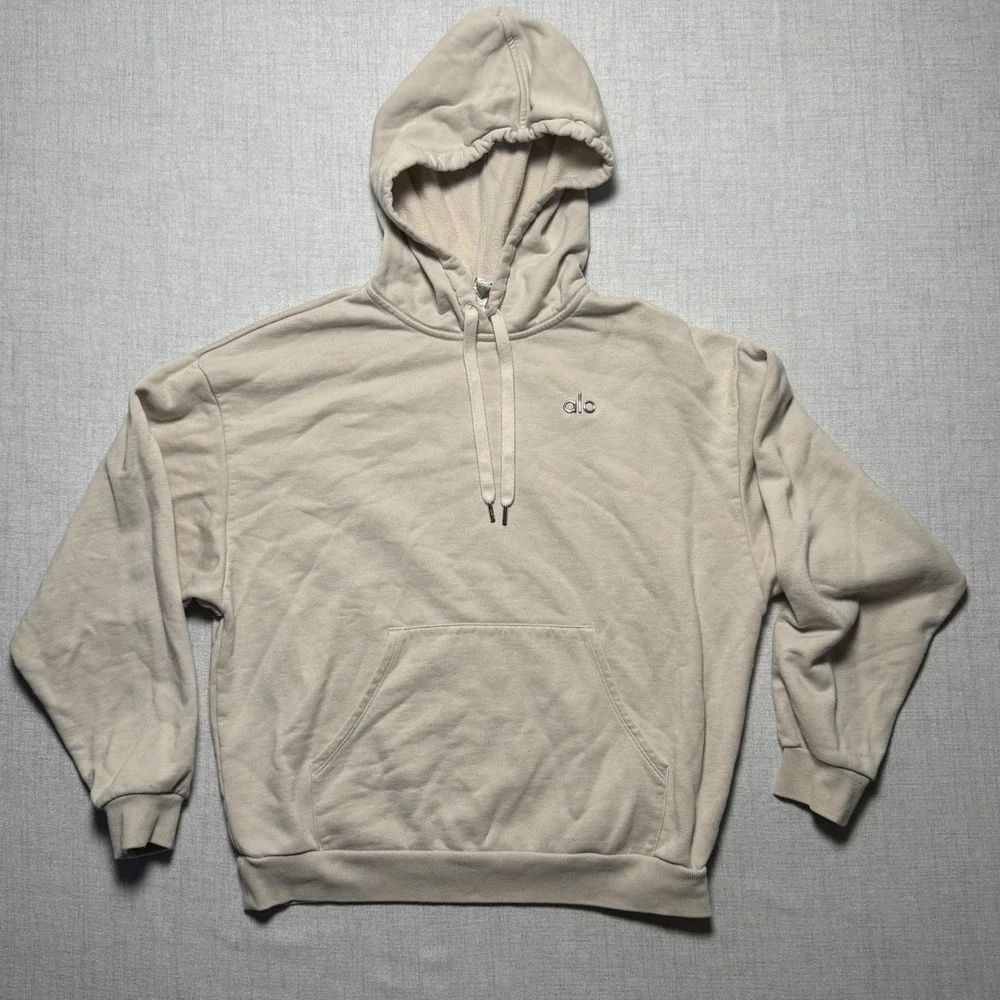 Alo Athletic Hoodie Pullover Lightweight Beige Cotton Blend Drawstring Size M - Picture 1 of 7